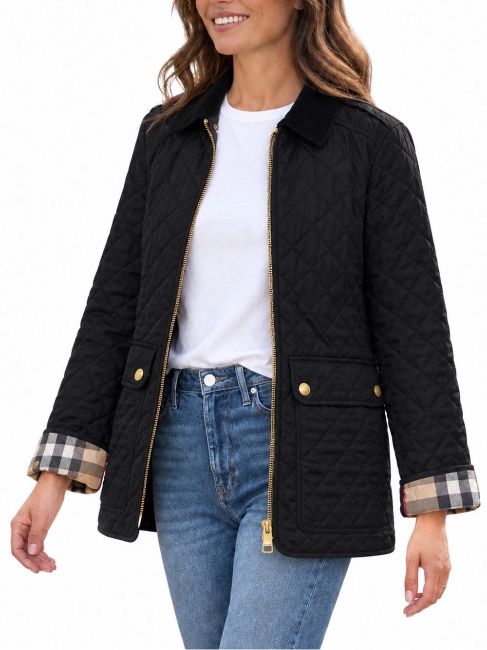 Burberry Brit Quilted Jacket Plaid Check Lining Corduroy Coat Black XS